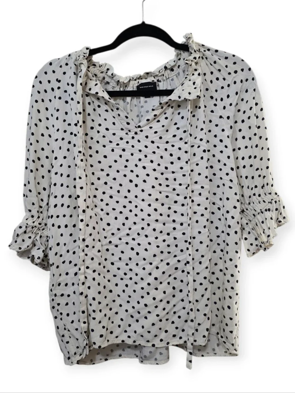 Who What Wear White Black Dalmatian Spot Ruffle Blouse Size L - Picture 2 of 5
